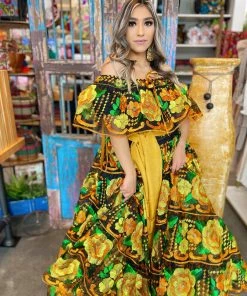 Folklore & Tradition Chiapas Yellow Silk Dress Chiapas Folklorico Collection