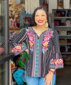 Folklore & Tradition Tops Striped Floral Long-Sleeve