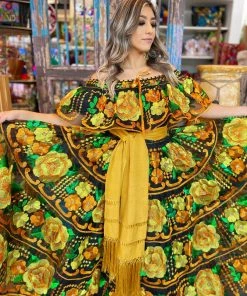 Folklore & Tradition Chiapas Yellow Silk Dress Chiapas Folklorico Collection